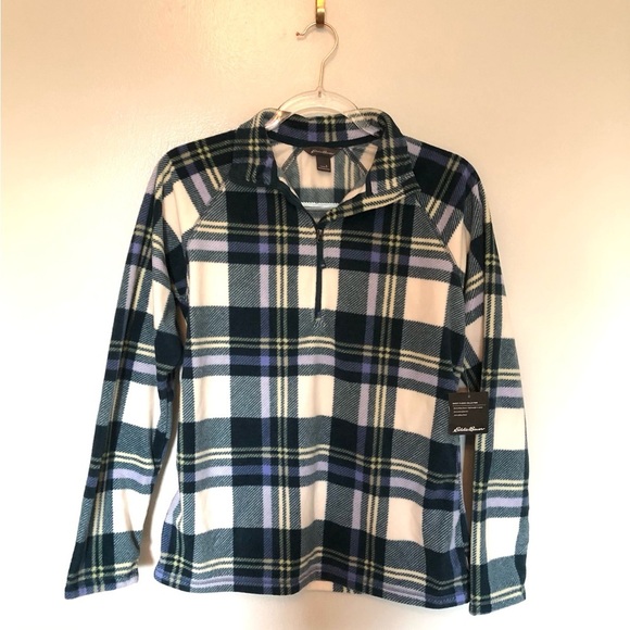 Eddie Bauer Quest Fleece Sweatshirt Long Sleeve Quarter Zip Pear Plaid New Small - Picture 1 of 8